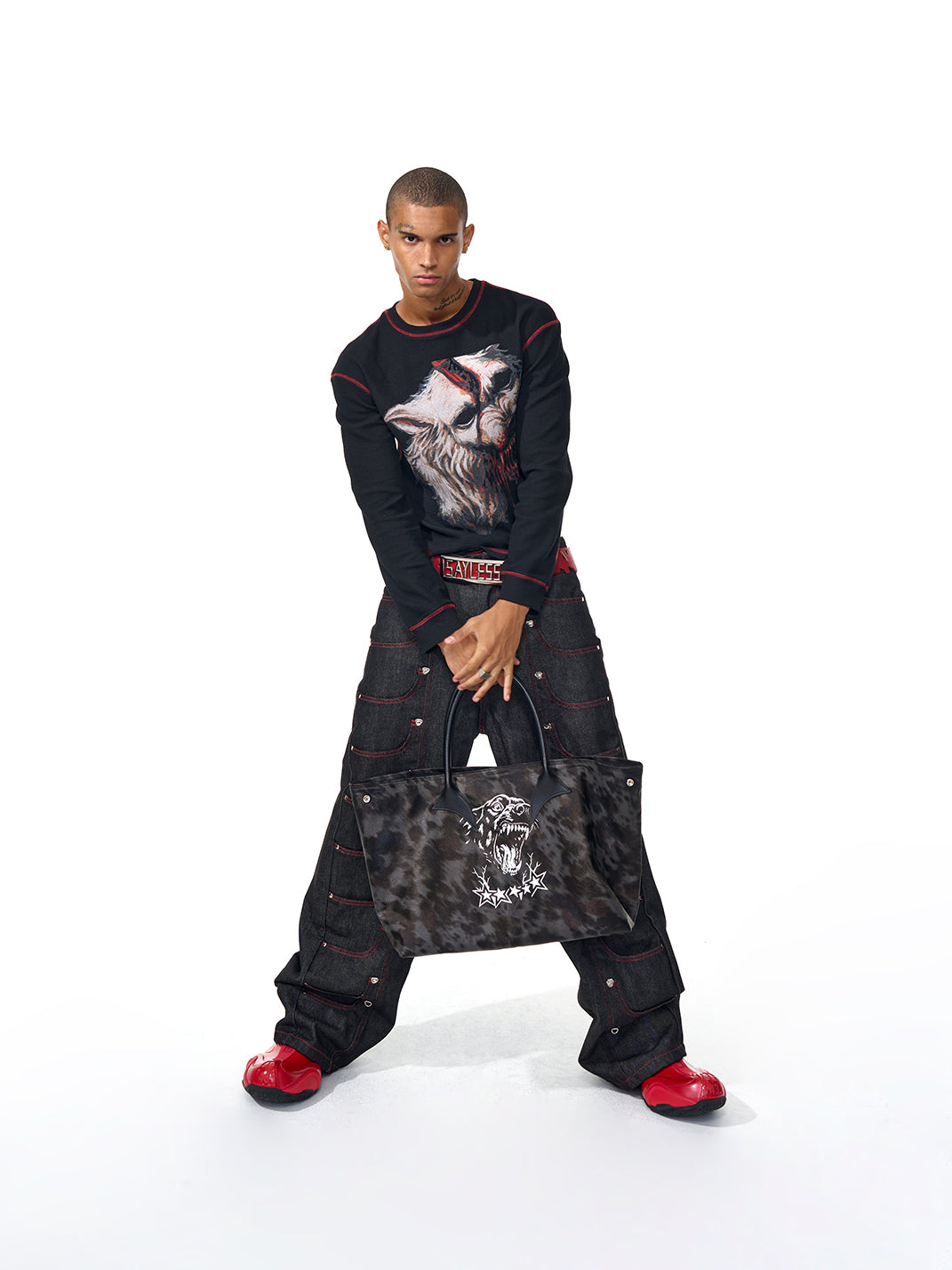 Fourth3ex | Wolf Print Gothic Letter Crewneck Tee - PSYLOS 1, Fourth3ex | Wolf Print Gothic Letter Crewneck Tee, T-Shirt, Fourth3ex, PSYLOS 1